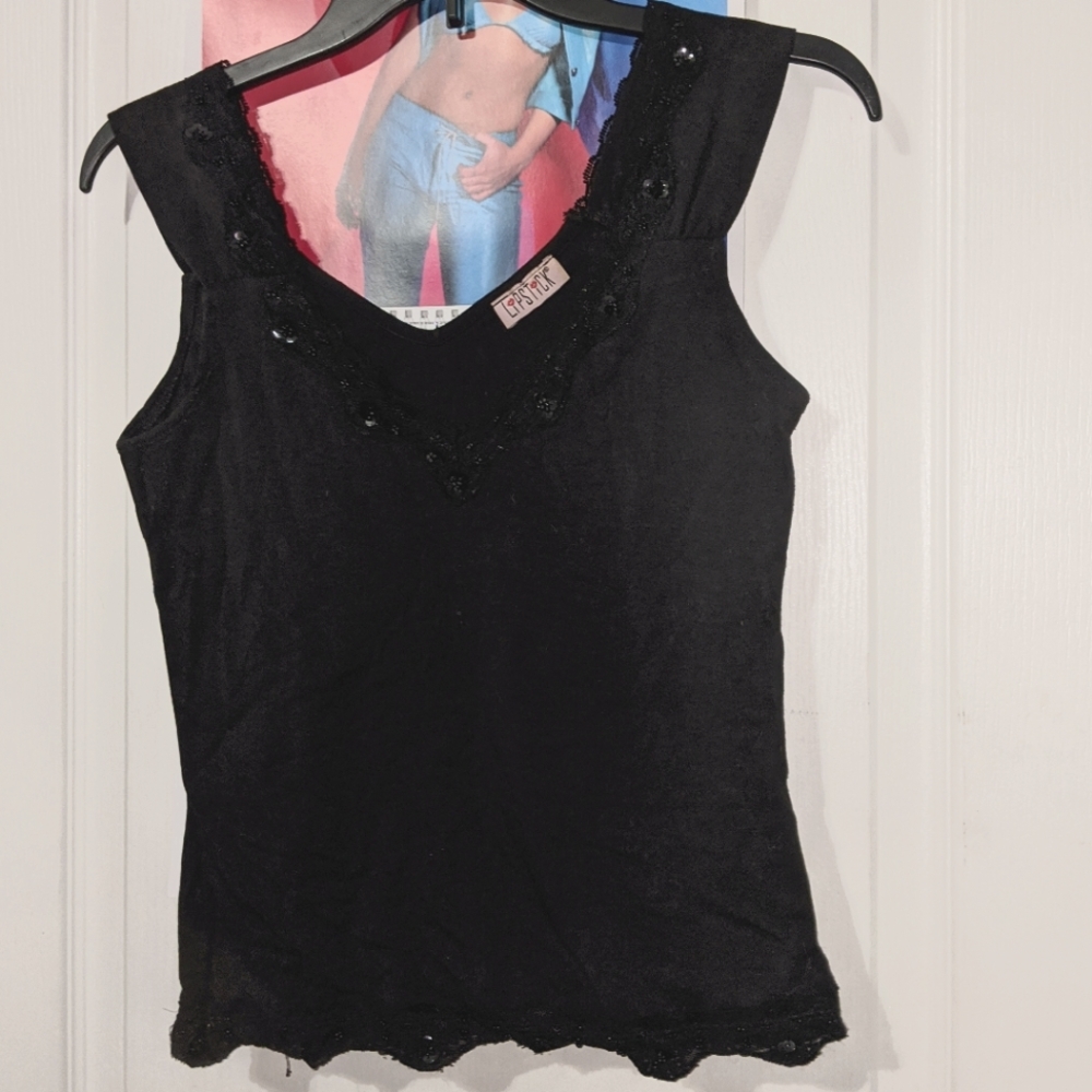 Lipstick Black With Lace Sequin Trim Cropped Sleeveless V Neck Top - Picture 3 of 5